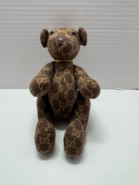 Gucci Brown GG Monogram Plush Bear with Yellow Collar Accent